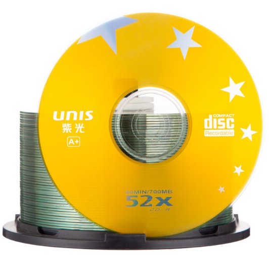 紫光(UNIS)CD-R光盘 刻录盘 金星系列 52速700M 桶装50片..